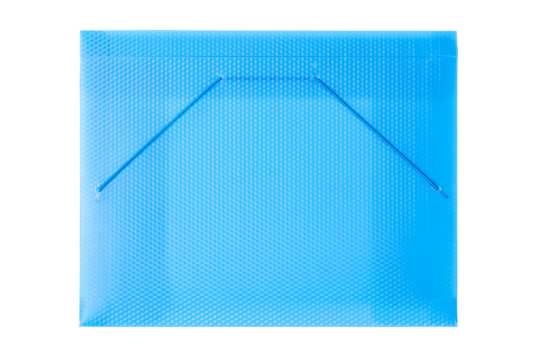 Blue plastic transparent folder with copy space on it close up. Isolate png with transparency