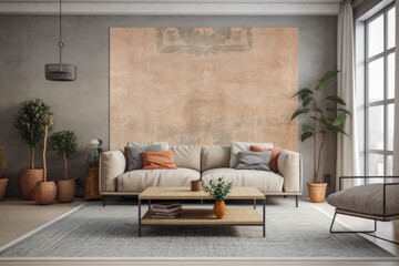 Contemporary nomadic living room backdrop, wall mockup,. Generative AI