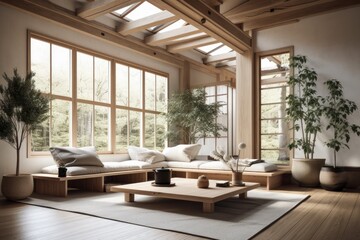 Fototapeta na wymiar White and beige Japanese wooden living room. Fabric couch, beams ceiling, window, and decors. Farmhouse decor,. Generative AI