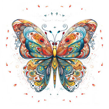 Colorful detailed butterfly mandala art on a white background. Created with Generative AI technology.