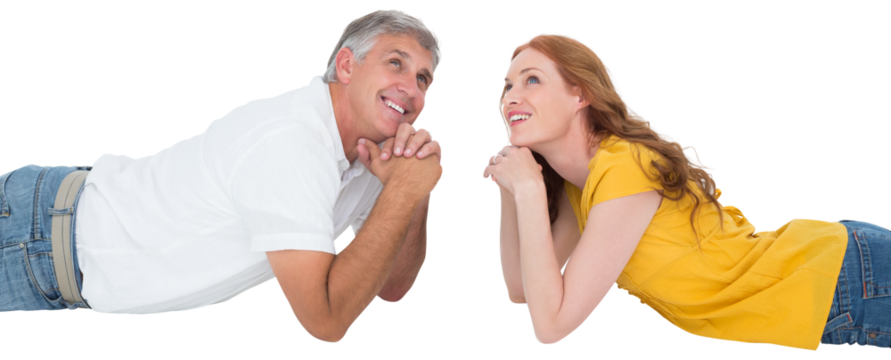 Casual couple lying on floor