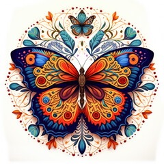 Colorful detailed butterfly mandala art on a white background. Created with Generative AI technology.
