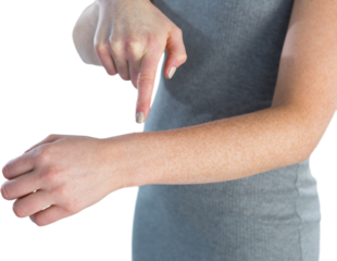 Mid section of businesswoman gesturing on hand