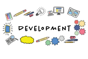 Development text amidst various icons