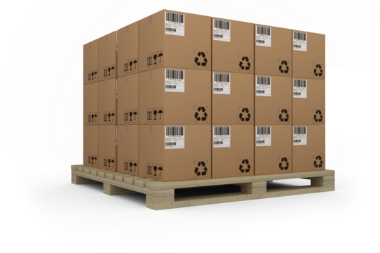 Pile of brown cardboard boxes arranged on wooden pallet