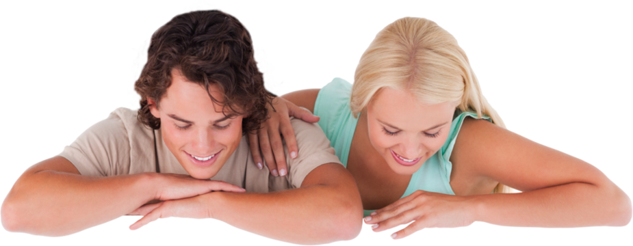Cute smiling couple leaning on a whiteboard