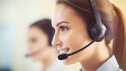 A call center woman in a headset poster with copy space - Fictional Person, Generative AI