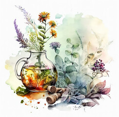 watercolor illustration with herbs and flowers , generative ai