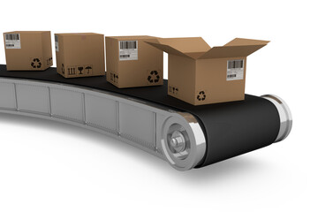 Brown cardboard boxes on digitally generated conveyor belt