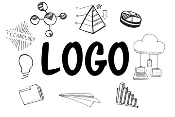Logo text amidst several vector icons