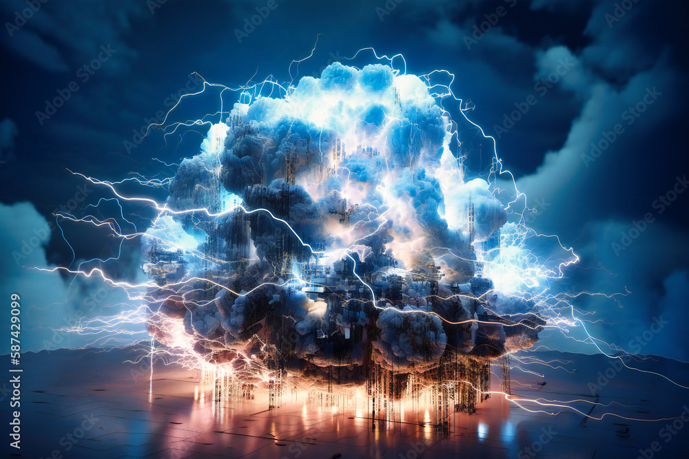Poster a white and blue abstract cloud filled with data centers and lightning bolts, signifying scalable st