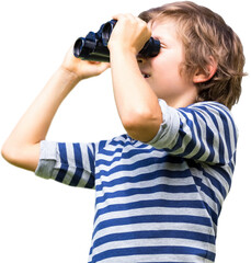 Boy smiling while looking through binoculars