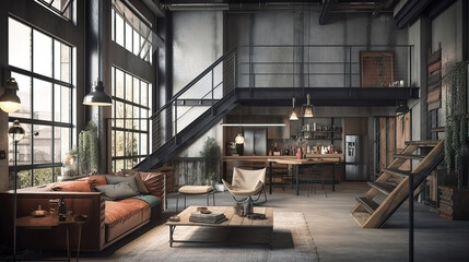 Fototapeta na wymiar Living room loft in industrial style, 3d render. Generative Ai