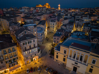 Fototapeta na wymiar Aerial drone view of Corfu old town by night