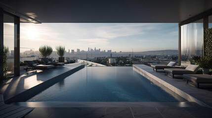 Fototapeta na wymiar Skyline view from the pool of a tower. Generative Ai