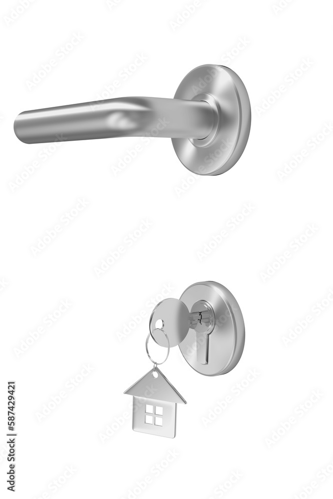 Poster digitally generated image of metallic doorknob and lock with key ring