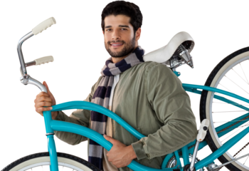 Portrait of smiling man carrying  bicycle