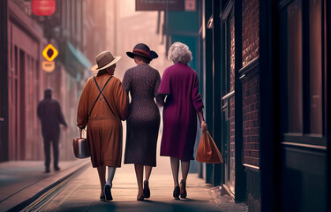 Senior ladies walking down the street created with Generative AI technology