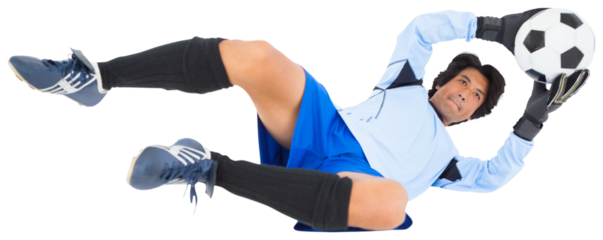 Goalkeeper holding football while lying down