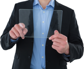 Mid section of businessman touching transparent glass interface