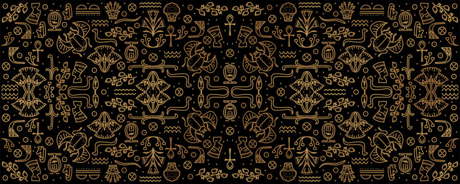 Vector tribal cover background, decorative african seamless, geometric ethnic Egypt backdrop. Bright orange and black art decoration illustration