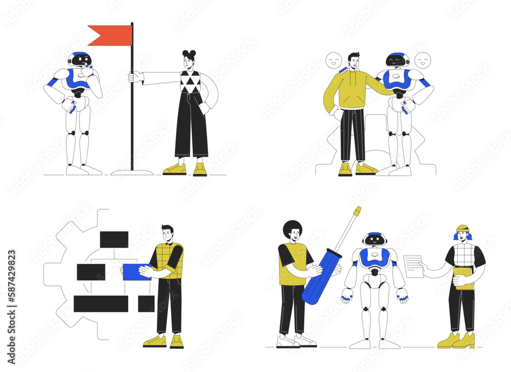 Aufkleber developing artificial intelligence technologies line concept vector spot illustration pack. editable