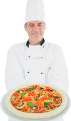 Chef holding delicious pizza