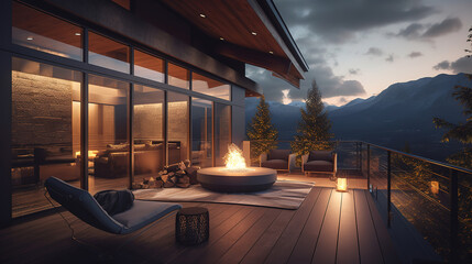 Amazing balcony patio with fire pit and forest and mountains view. Generative Ai