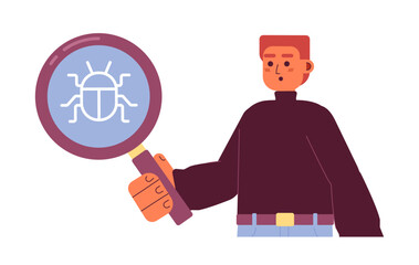 Bug tester with magnifying glass flat concept vector spot illustration. Editable 2D cartoon character on white for web design. Finding mistakes in software creative idea for website, mobile, magazine