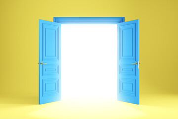 Doors opening to the bright light. Abstract image of a portal, another dimension, bright sunlight. 3d