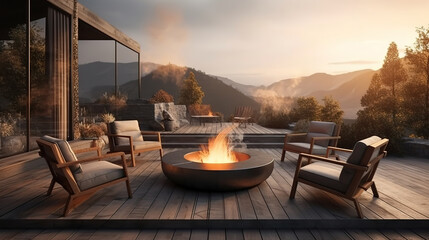 Fototapeta premium Fire pit and furniture on modern luxury mountain. Generative Ai