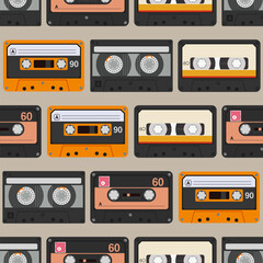 Fototapeta premium Audio tapes seamless vector pattern. Different audio tapes in retro style. Flat design style. Vector color illustration.
