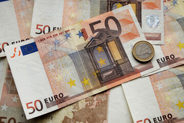 EURO banknotes and 1 euro coin