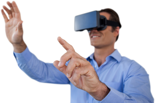 Businessman gesturing while wearing virtual reality simulator