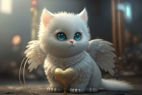 Baby angel cat with a heart, cartoon cupid. White cute cat cupid. Fummy cartoon of a valentins cupid. Realistic 3D illustration. Creative AI
