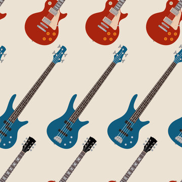 Seamless pattern with bass guitars, electric guitars. Musical color vector background.