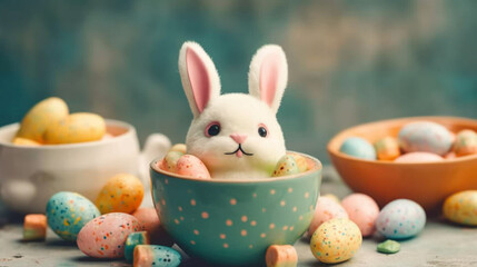 Fototapeta na wymiar A cute toy easter rabbit sits in a cup of mini easter eggs