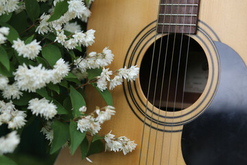 White jasmine flowers near the metal strings of a classical guitar.