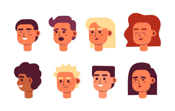 Women, men emotional variations semi flat colour vector character heads bundle. Colorful avatar icons. Editable cartoon style user portraits. Simple spot illustration set for web graphic design