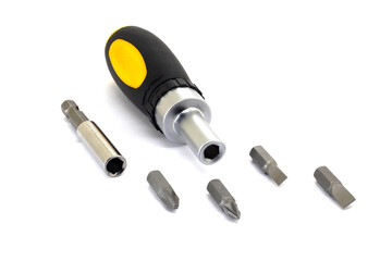 Screwdriver with interchangeable bits on white isolated background