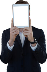 Businessman hiding his face with digital tablet