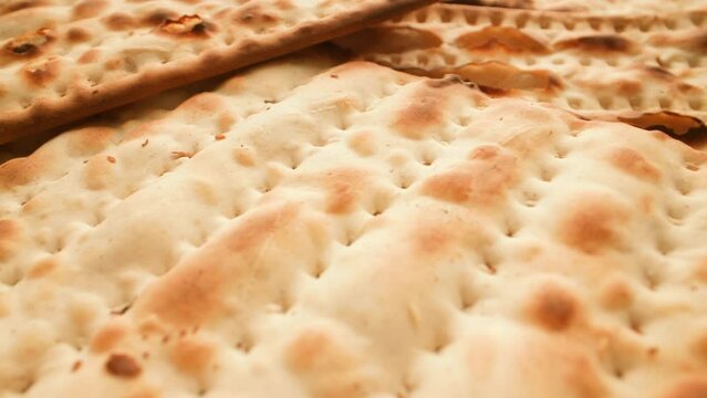 Jewish matzah. macro photography in motion and Jewish matzah. High quality 4k footage