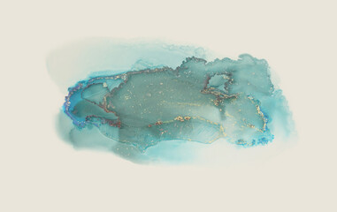 Art Abstract watercolor and Alcohol ink flow blot painting cloud. Color canvas marble texture background. Beige, blue and Gold glitter.