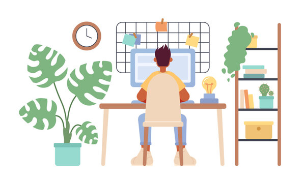 Cozy home office setup with freelancer 2D vector isolated spot illustration. Self employed man with computer flat character on cartoon background. Colorful editable scene for mobile, website, magazine