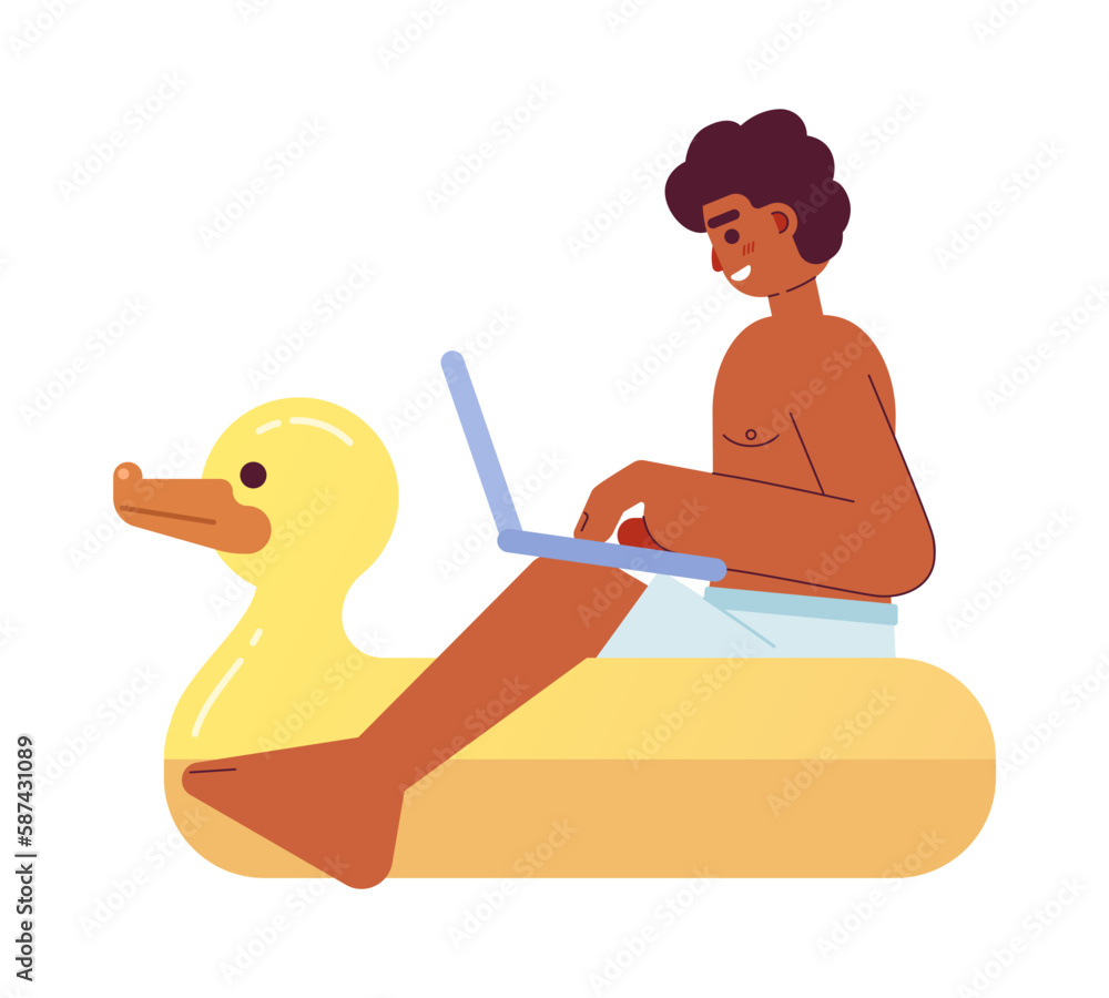 Poster guy with laptop on duck pool float semi flat color vector character. digital nomad on inflatable rin