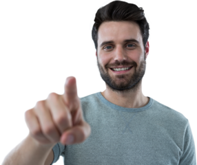 Happy man touching invisible screen