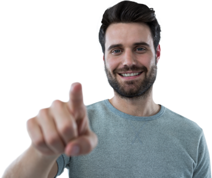 Happy man touching invisible screen