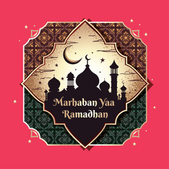 Marhaban Ya Ramadhan Greeting Card Vector. Luxury Vintage Mosque Silhouette on Starry Night Sky with Intricate Islamic Pattern Background. Elegant Holy Month Template.