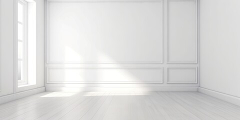 Fototapeta na wymiar Modern white interior room with empty walls and white wooden flooring, Generative AI