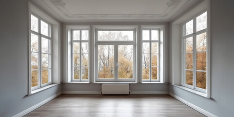 A classic empty room with gray walls and wooden floors, adorned with white molding, offers picturesque views of nature through its large white windows, Generative AI